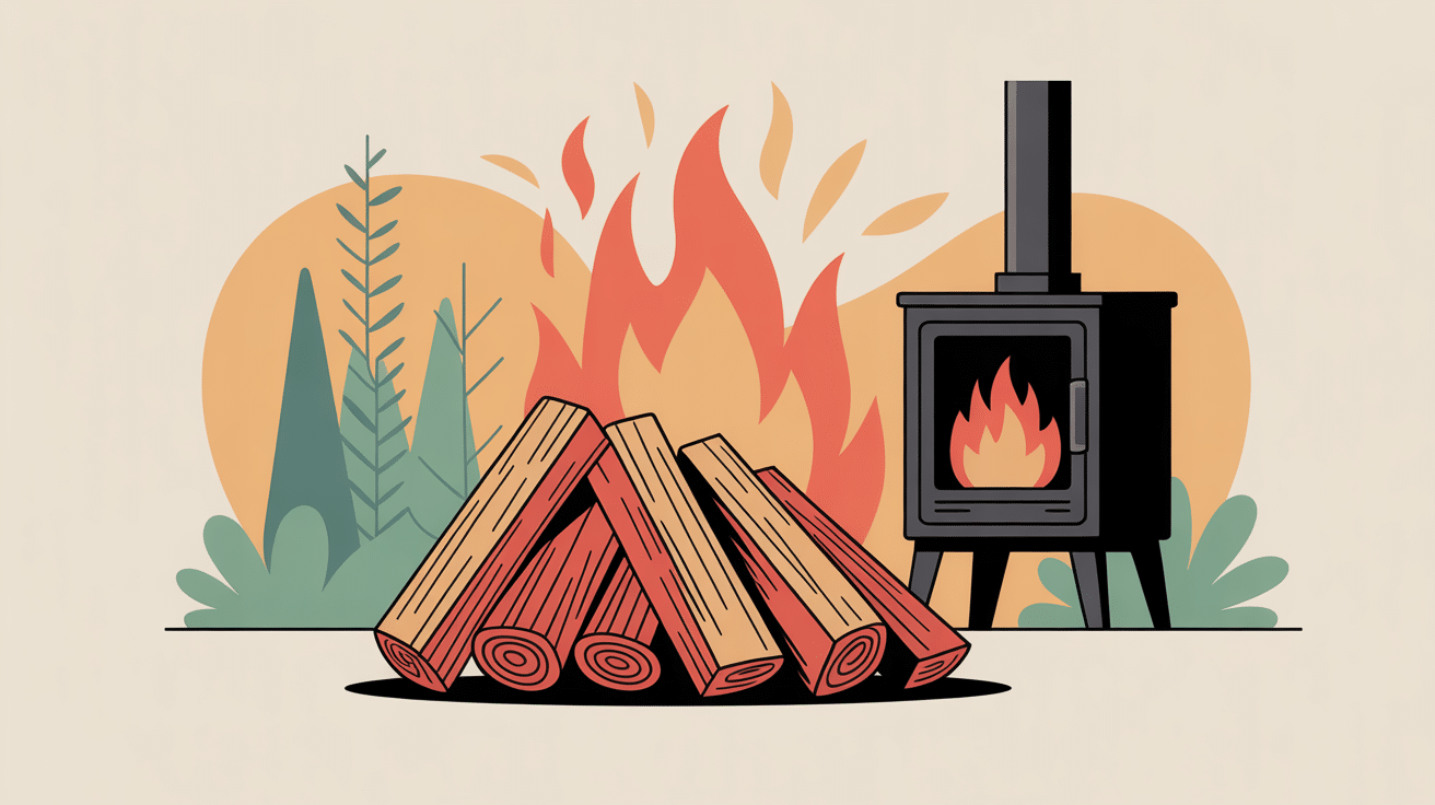 albizia bois de chauffage devant poêle moderne atmosphère chaleureuse