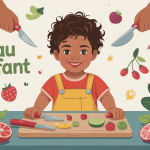 couteau enfant posé sur planche avec fruits et légumes découpés