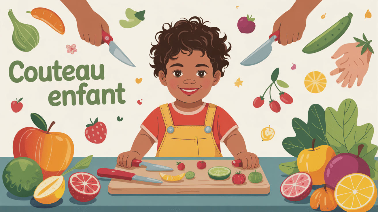 couteau enfant posé sur planche avec fruits et légumes découpés