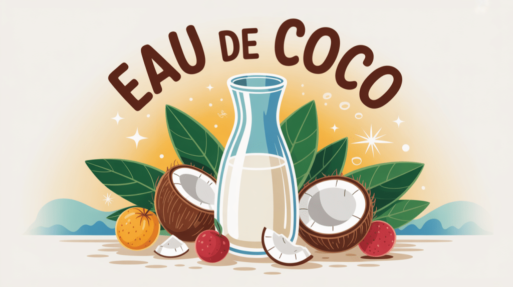 Illustration eau de coco recette carafe avec fruits exotiques et glaçons
