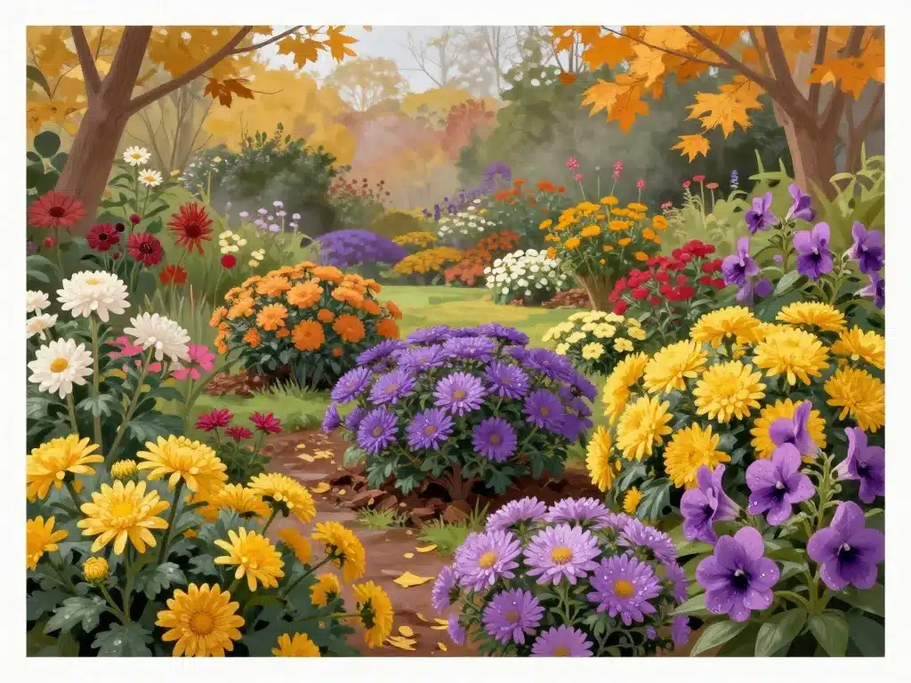 vue variétés fleurs en novembre au jardin