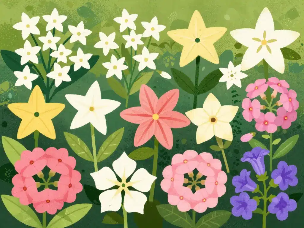 Variété de fleurs étoilées en jardin printanier