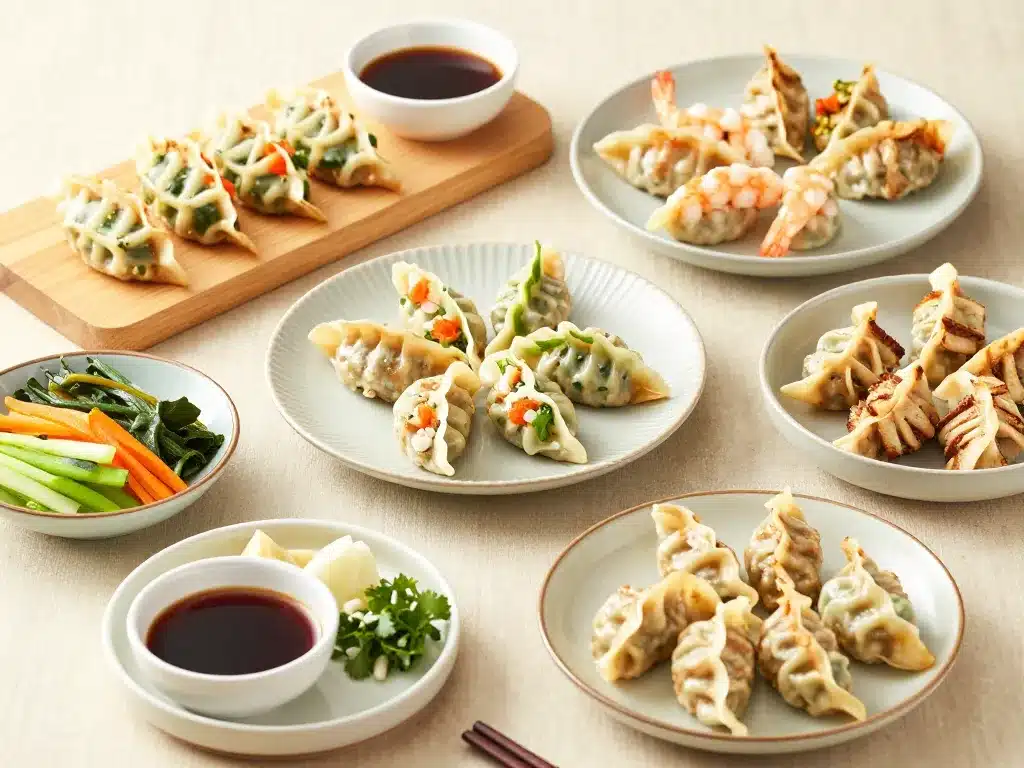 Différentes variantes de gyosas avec accompagnements