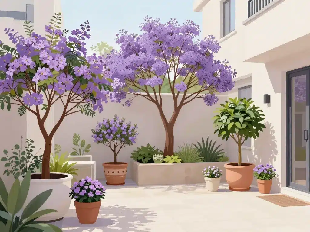 petits arbres à fleurs violettes et arbustes en pot en décor urbain
