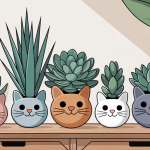 plante tete de chat en cache-pot et succulente sur étagère lumineuse