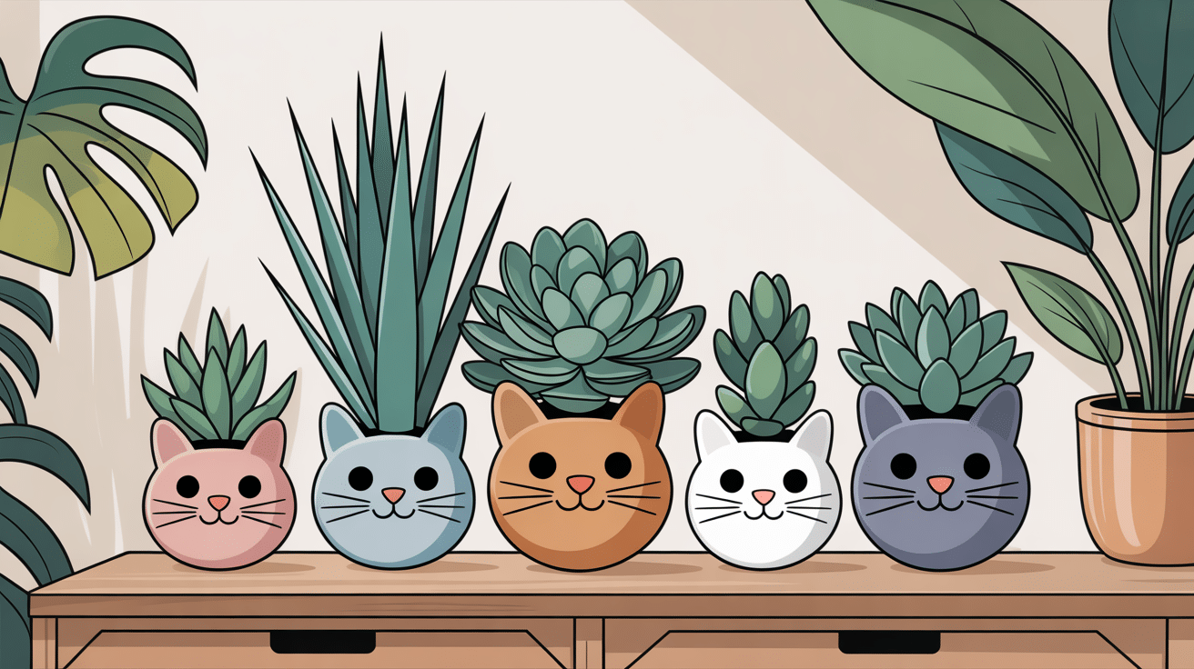 plante tete de chat en cache-pot et succulente sur étagère lumineuse