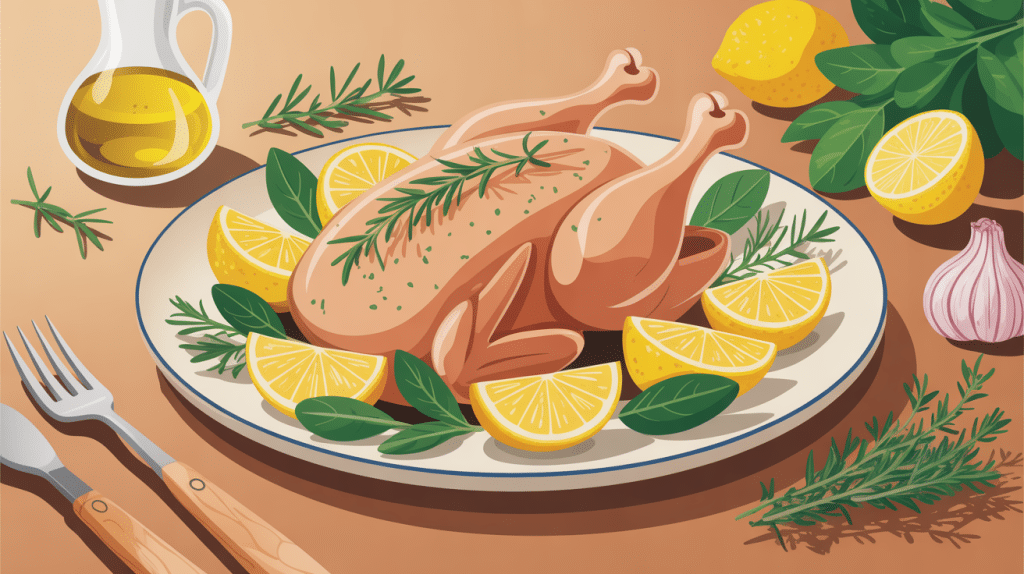 plat de poulet au thym et au citron doré, citron et thym, ambiance cuisine méditerranéenne