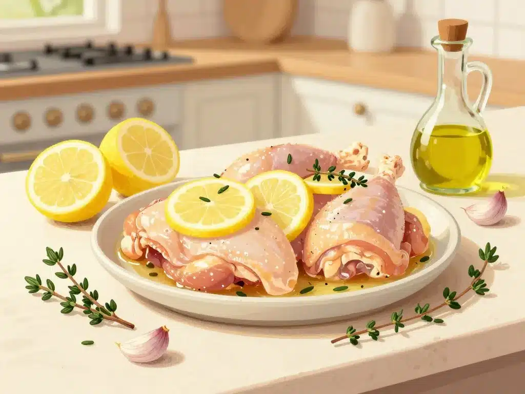 ingrédients et morceaux de poulet au thym et au citron prêts à cuire