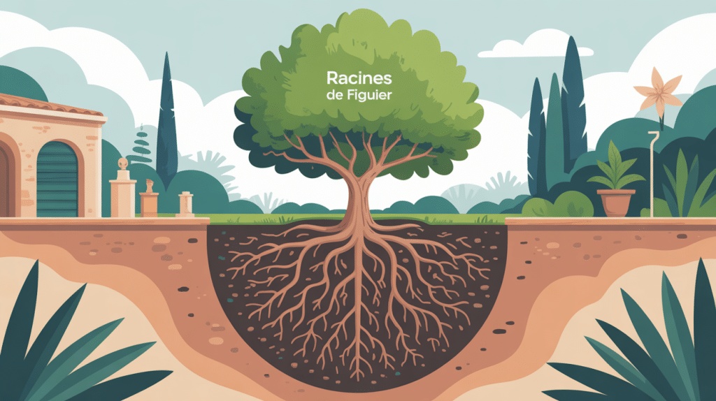 racine figuier sous un arbre mature près mur et canalisation