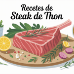 Recettes de steak de thon en illustration vectorielle avec ingrédients méditerranéens