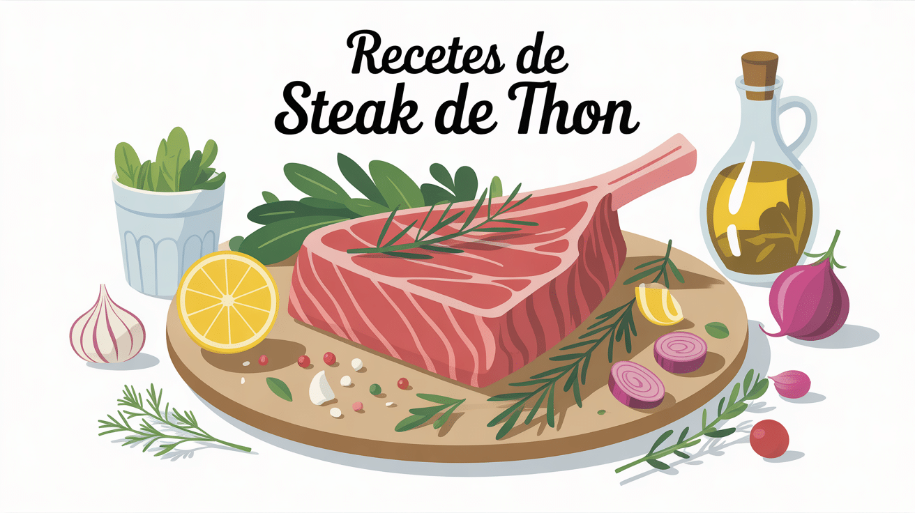 Recettes de steak de thon en illustration vectorielle avec ingrédients méditerranéens