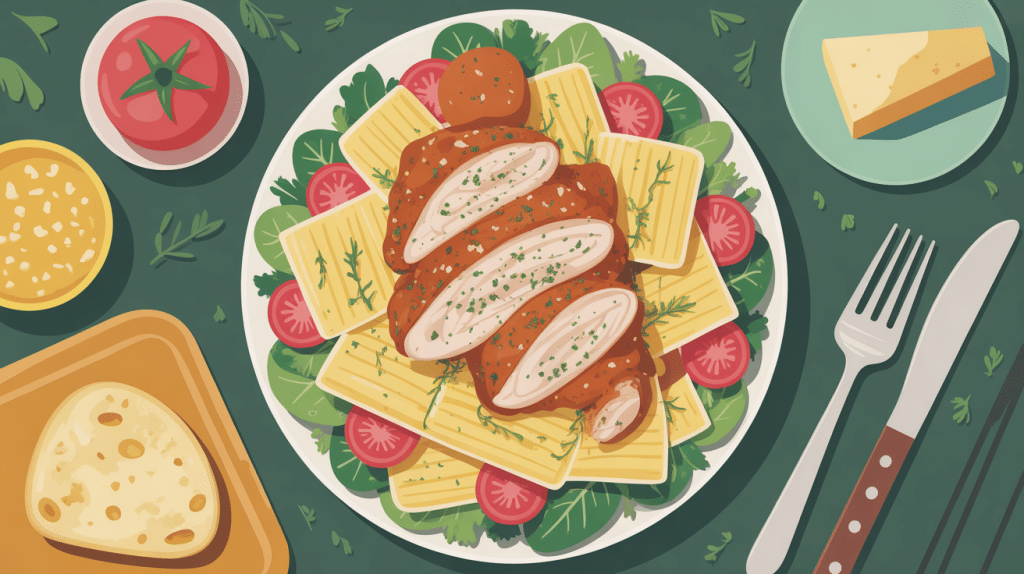 vue du dessus salade de pate au poulet cesar ingrédients colorés