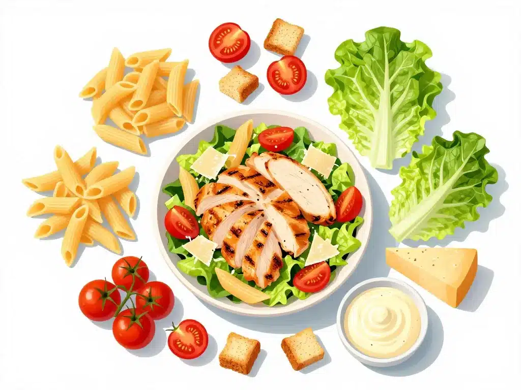 ingrédients clés salade de pate au poulet cesar répartis autour du saladier