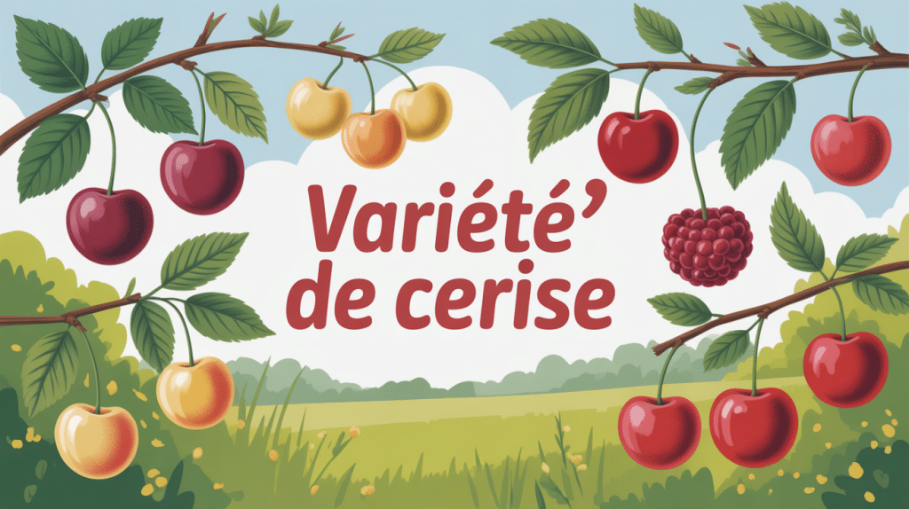 Illustration de différentes variété cerise dans un verger