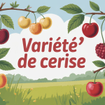 Illustration de différentes variété cerise dans un verger