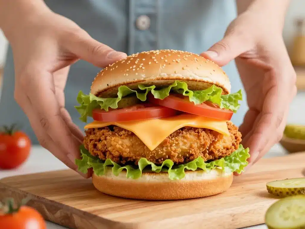 assemblage zinger burger maison poulet croustillant fromage bun