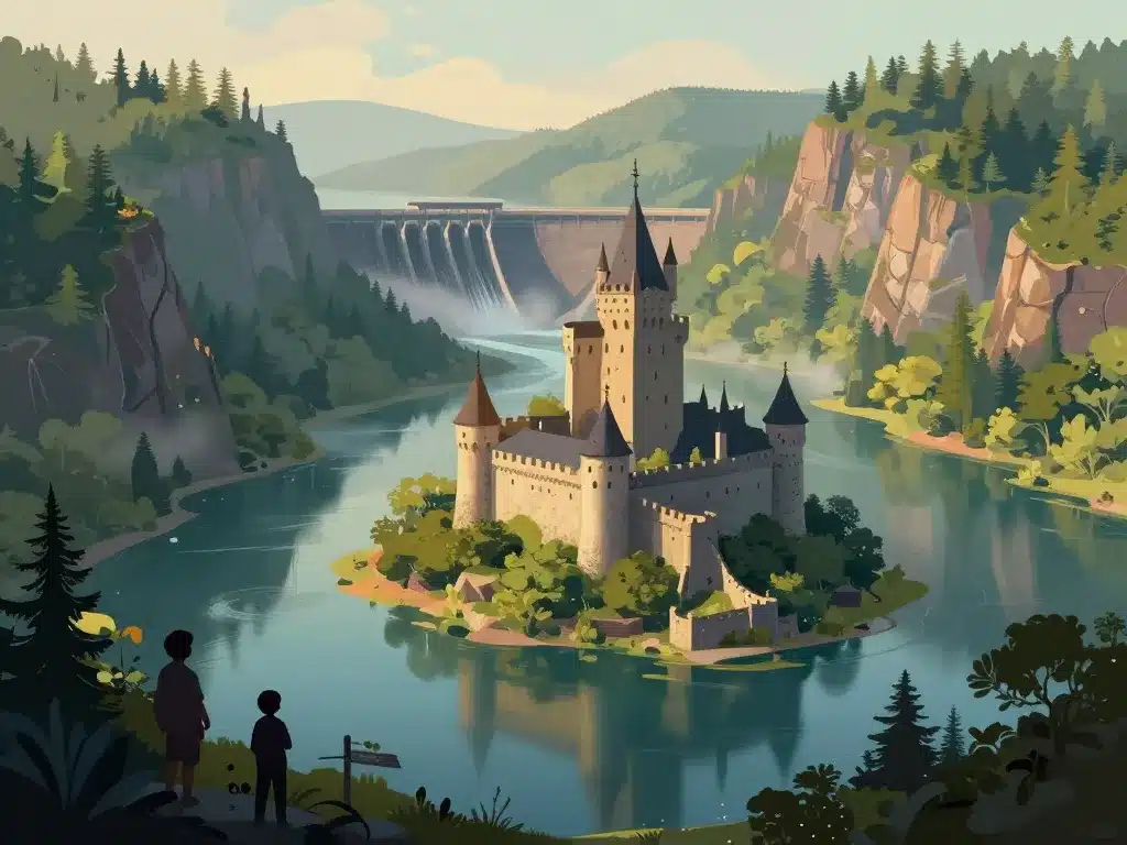 Château médiéval sur îlot du barrage de Grangent au lever du jour