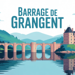 Vue panoramique du barrage de Grangent, lac sinueux, château sur îlot, ambiance paisible