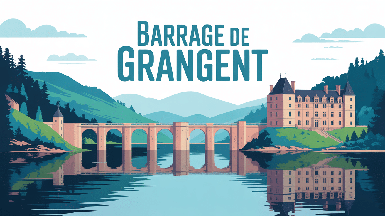 Vue panoramique du barrage de Grangent, lac sinueux, château sur îlot, ambiance paisible