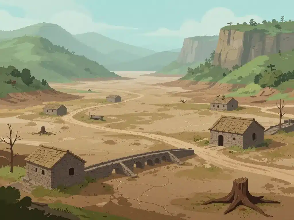 Ruines vallée asséchée lac de Guerlédan vide