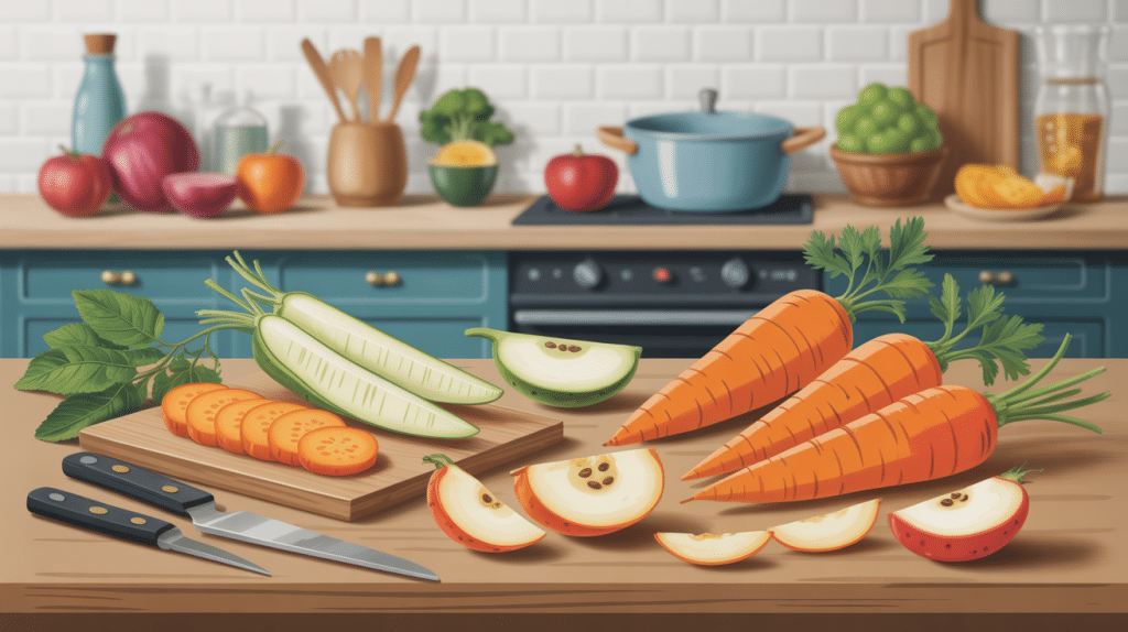 Différentes coupes de carotte sur planche pour cuisine famille