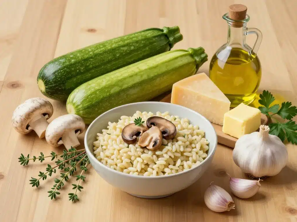 Ingrédients frais risotto aux courgettes et champignons