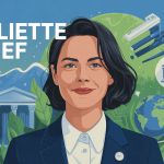 Portrait de Juliette Quef entourée de symboles finance climat inégalités