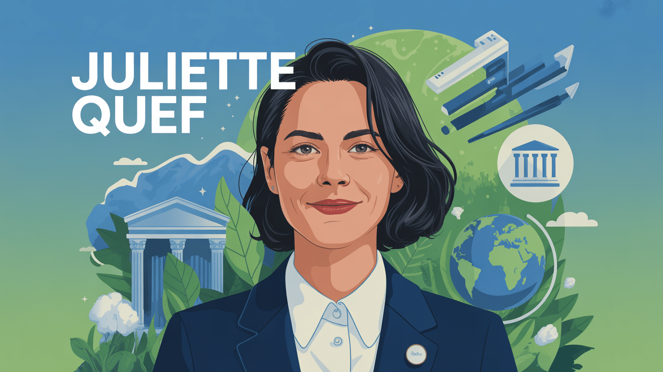 Portrait de Juliette Quef entourée de symboles finance climat inégalités