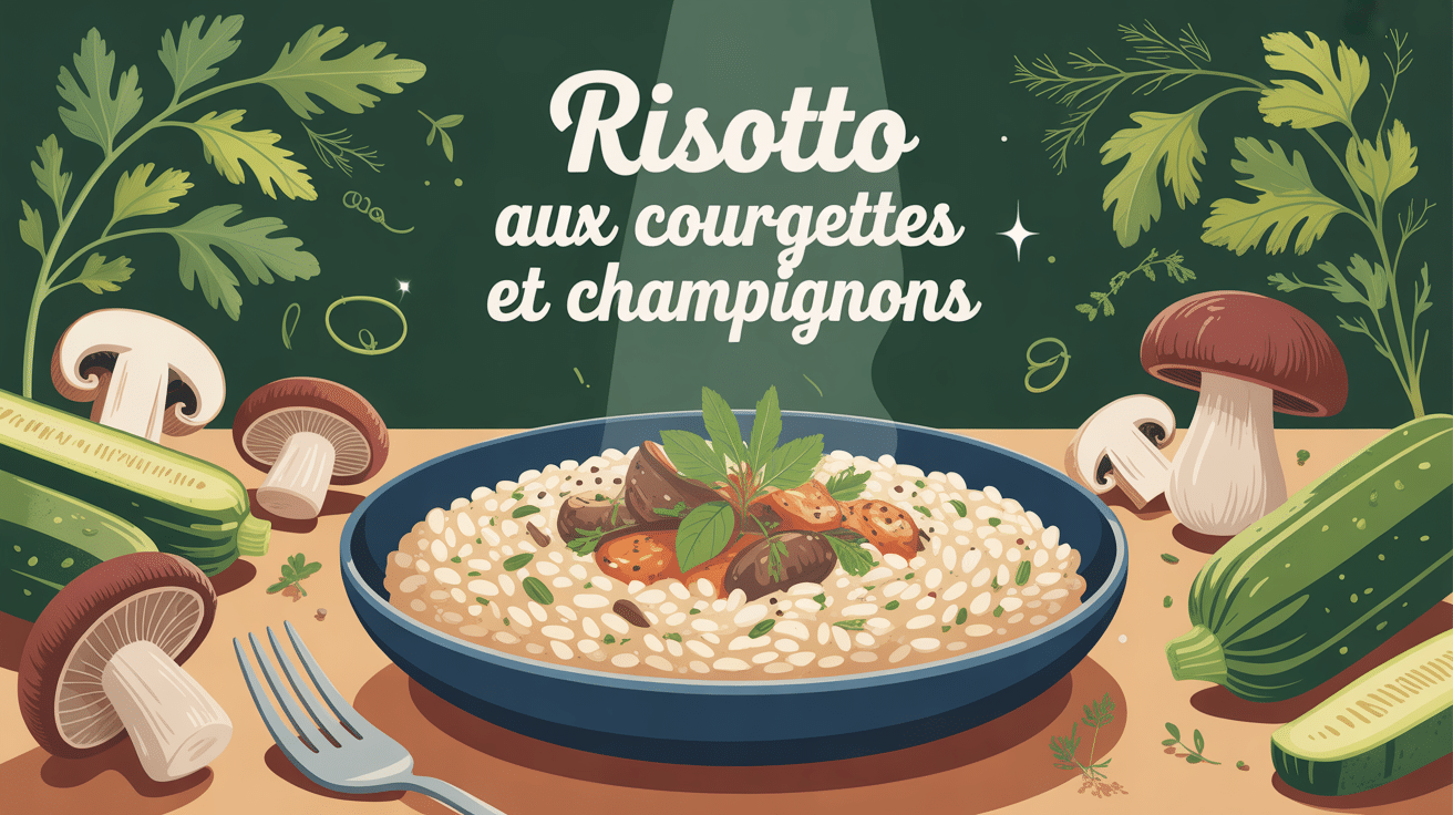 Risotto aux courgettes et champignons crémeux sur table familiale