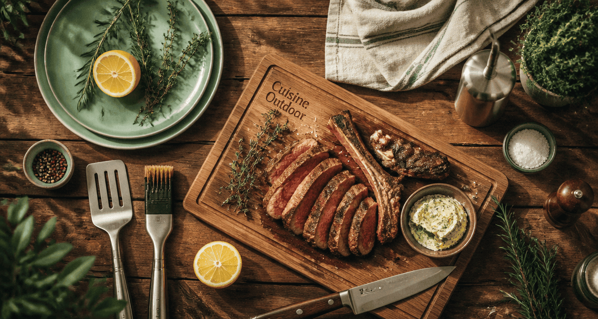 Barbecue cuisine extérieure, plan de travail bois, ustensiles et herbes
