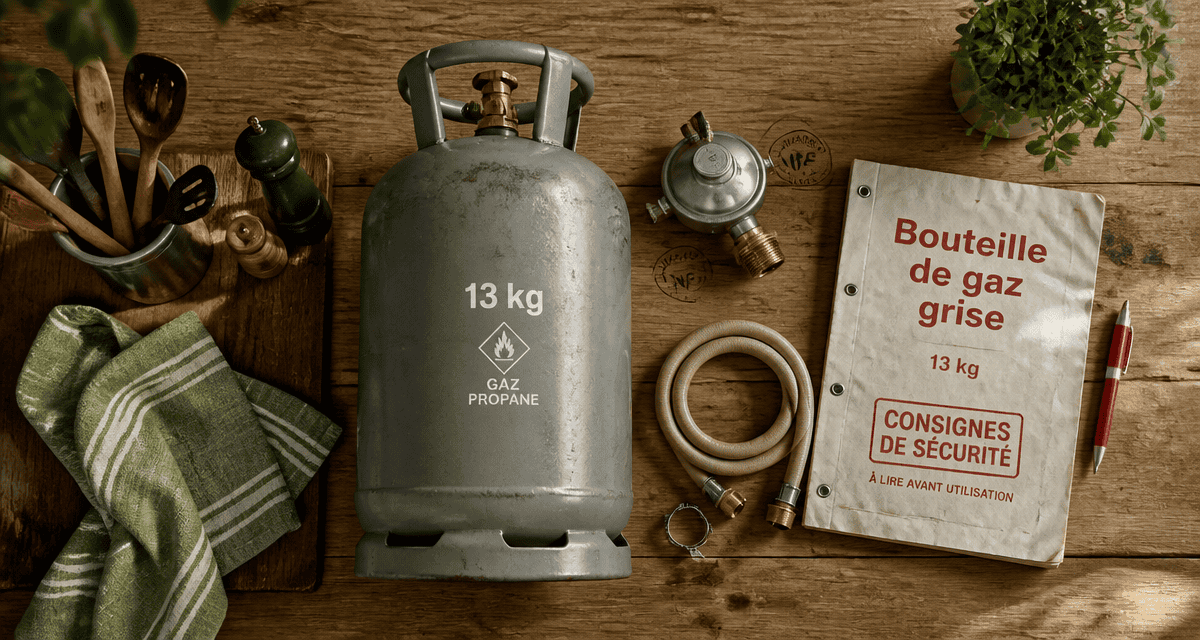 bouteille de gaz gris 13 kg sur plan de travail