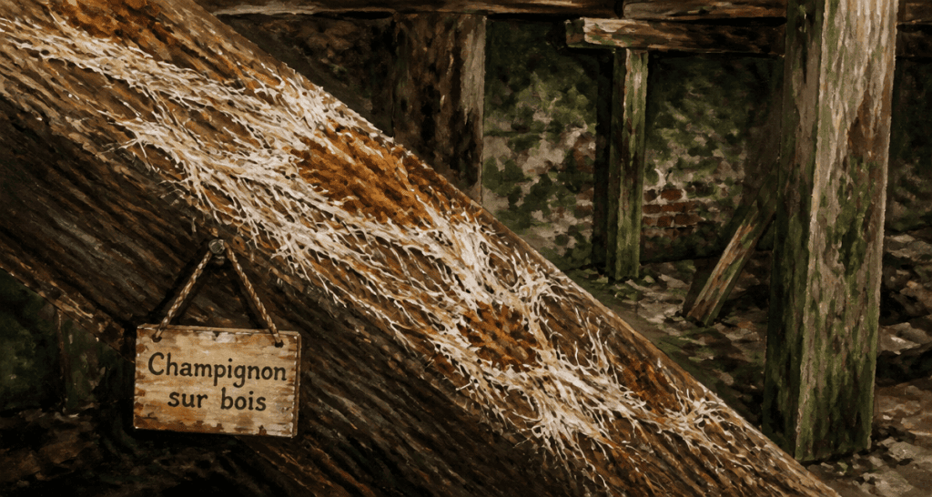 champignon sur bois sur poutre en cave