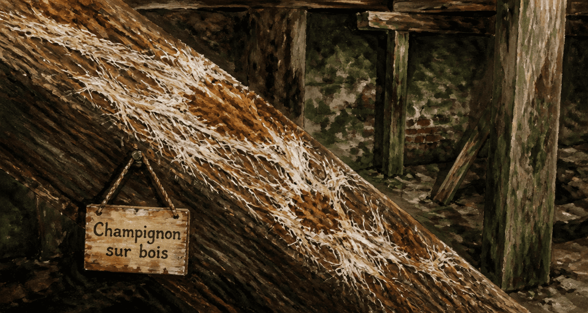 champignon sur bois sur poutre en cave