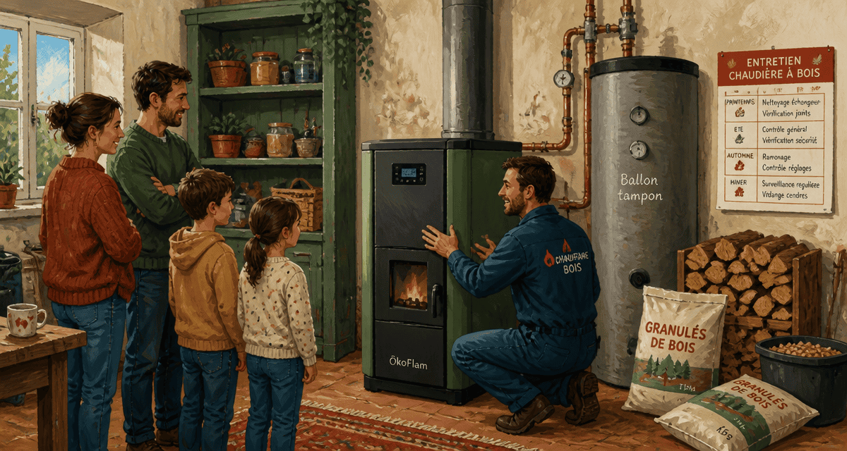 Installation chaudière bois moderne en cuisine