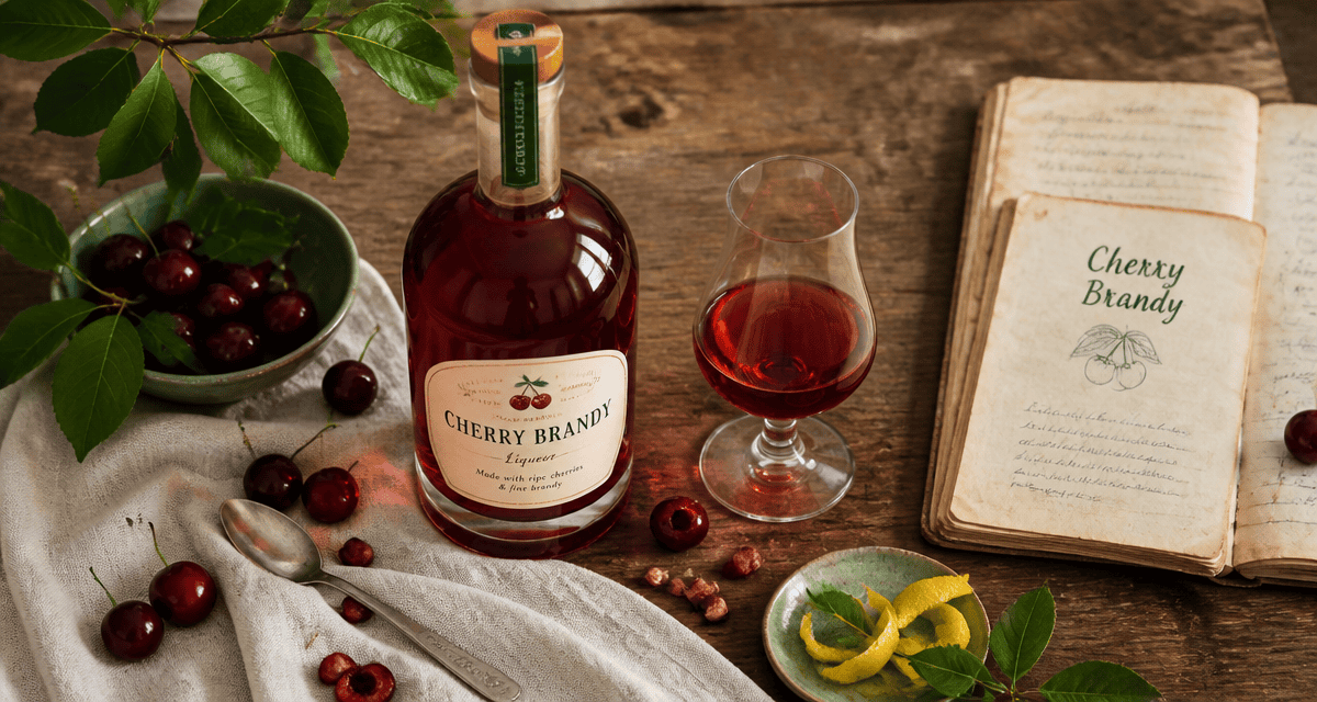 cherry brandy liqueur bouteille cerises sur table rustique