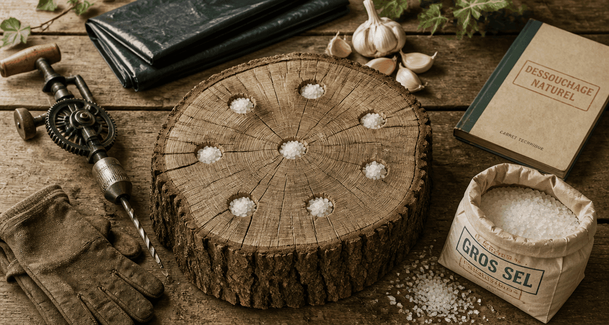 détruire une souche d'arbre avec du gros sel sur établi
