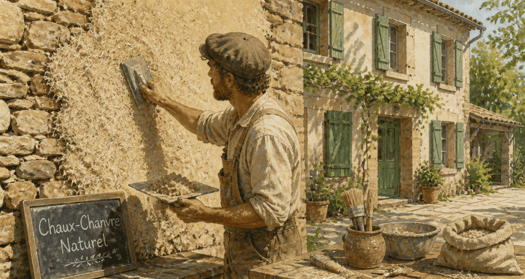 enduit chaux chanvre exterieur sur mur en pierre