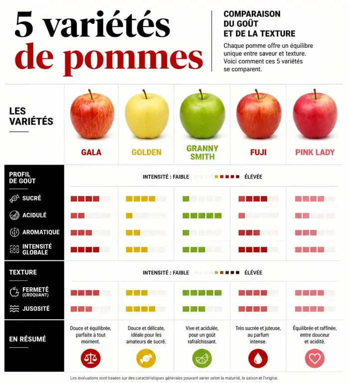 Infographie comparative des variétés de pommes les plus consommées : Gala, Golden, Granny Smith, Fuji et Pink Lady.