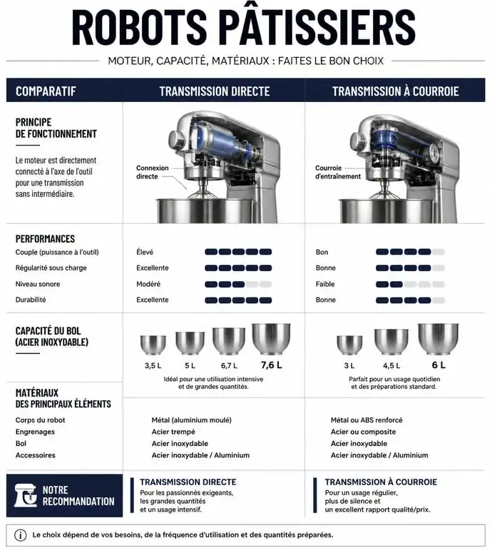 Comparatif technique des robots pâtissiers : moteurs, capacités et matériaux