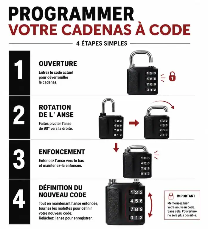 Infographie des étapes pour changer le code d'un cadenas