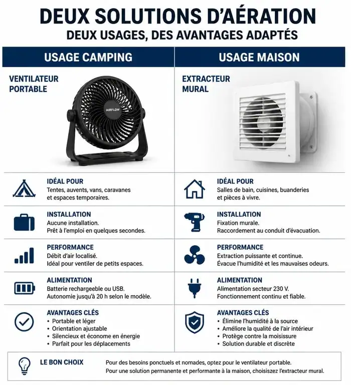 Infographie comparative : choisir son ventilateur panneau solaire pour le camping ou la maison
