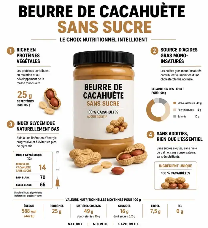 Infographie des bienfaits nutritionnels du beurre de cacahuète sans sucre ajouté