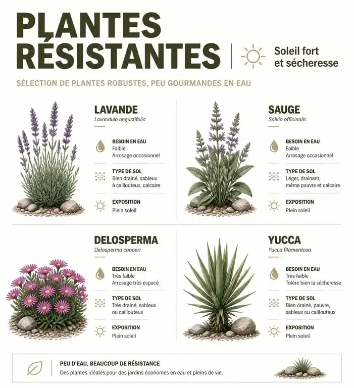Infographie des meilleures plantes plein soleil sans arrosage pour un jardin résistant à la sécheresse