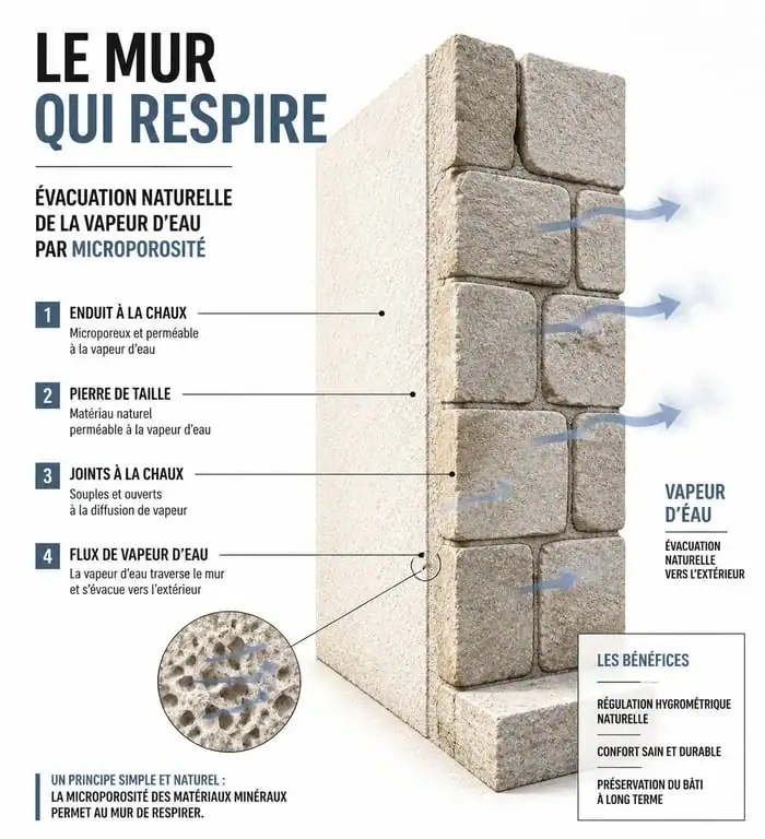 Schéma technique de la perméance d'un enduit à la chaux sur un mur en pierre de taille à Paris