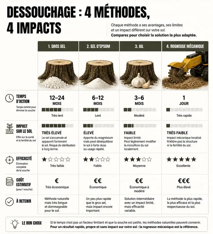 Comparatif des méthodes pour détruire une souche d'arbre : gros sel, sel d'Epsom, ail et rogneuse mécanique