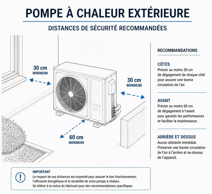 Schéma des distances de sécurité pour la fabrication d'un cache pompe à chaleur