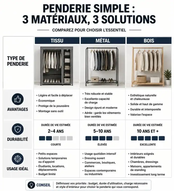 Comparatif des types de penderies simples : tissu, métal et bois pour optimiser son rangement