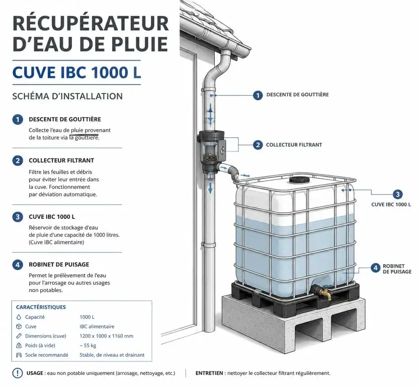 Schéma technique d'installation d'un récupérateur d'eau 1000L