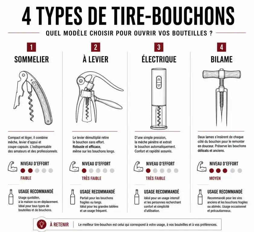 Infographie comparative des différents types de tire-bouchons pour choisir le modèle adapté à ses besoins