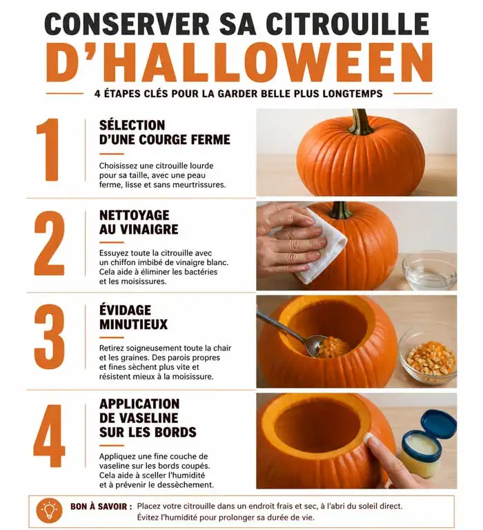 Infographie des étapes pour conserver une citrouille d'Halloween